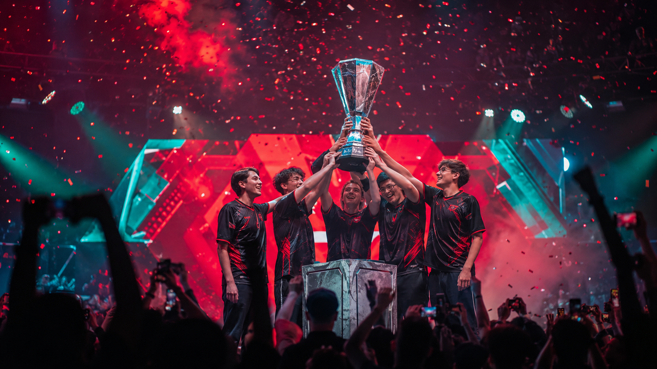 An esports team lifting the champions trophy at a Valorant tournament