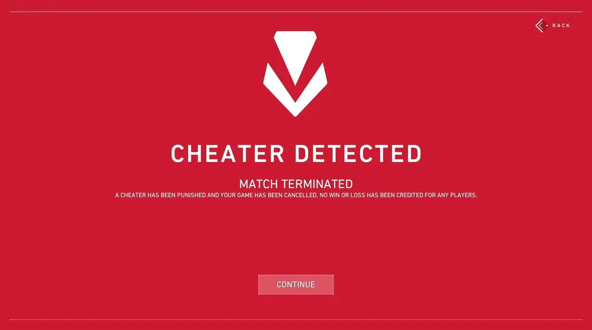 صفحه Valorant Vanguard که پیام Cheater Detected (فریبکار) (انکار) riot games را نشان میدهد، پس از بهروزرسانی ضد تقلب، مبارزه با تقلبهای DMA را تشدید میکند